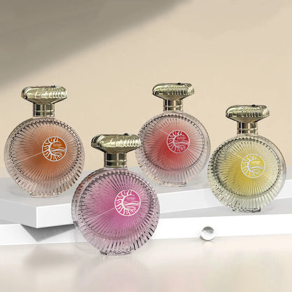 Luxury Sunburst Round Glass Perfume Bottle with Radiating Crystal Design