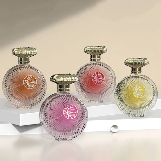 Luxury Sunburst Round Glass Perfume Bottle with Radiating Crystal Design